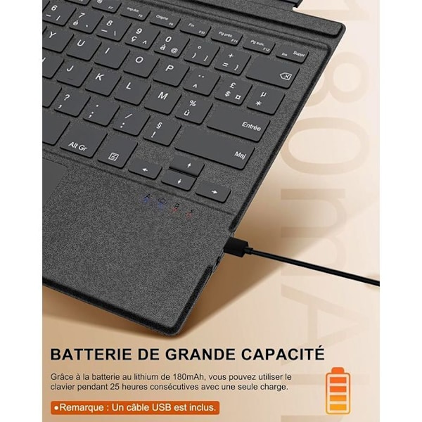 Tangentbord för Microsoft Surface Pro 7 Plus / 7 / 6 / 5 / 4 / 3, Bluetooth Bakgrundsbelysning AZERTY med Pekplatta