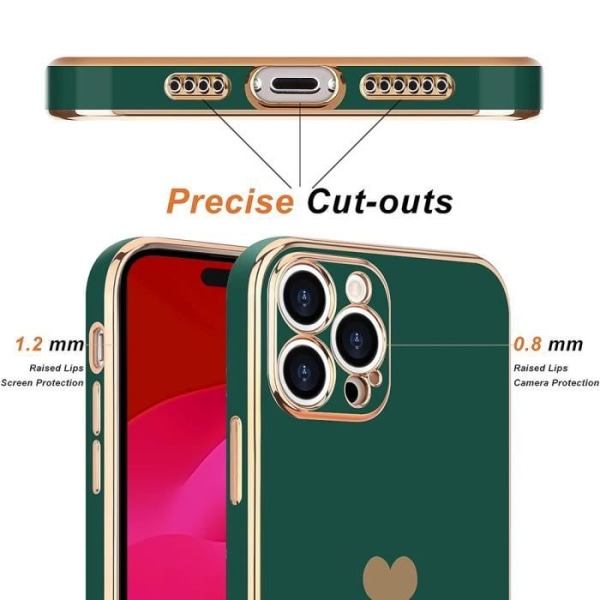 TPU-cover til iPhone 15 Pro Midnight Green Heart Mønster + 2 hærdede briller stødsikker beskyttelse Nattgrönt