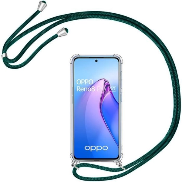 Halsbandsfodral till OPPO Reno 8 Pro 5G Anti-Scratch Förstärkt TPU med Lanyard Night Green Transparent-midnattsgrön