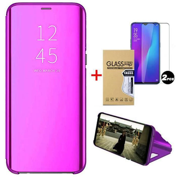 Xiaomi Redmi Note 9S etui, læder med 2 stk hærdet glas og klarsyns spejlstativ Luksus slim beskyttelse Redmi Note 9S, lilla