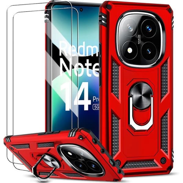 Coque - E.F.CONNECTION - För Xiaomi Redmi Note 14 Pro+ 5G - Hård - Röd - Med 360° roterande ring Röd