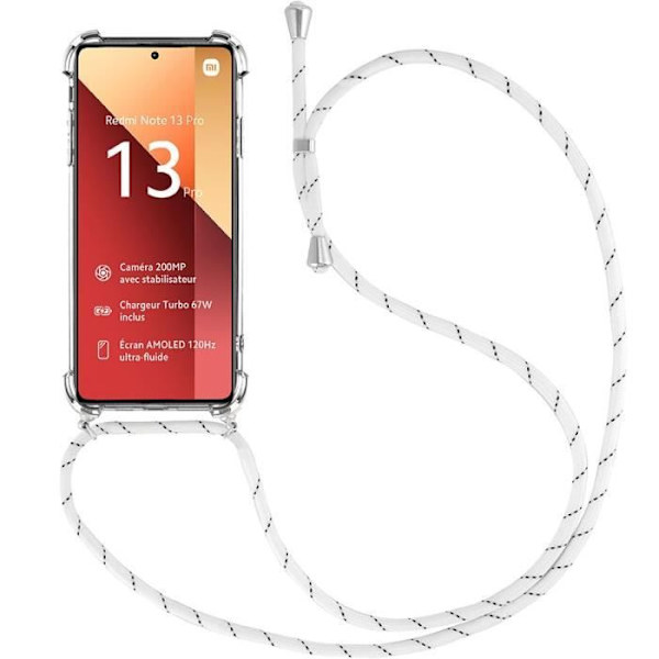 Lanyardfodral för Xiaomi Redmi Note 13 Pro 4G (inte för 5G), Transparent silikon stötsäkert skydd med vitt snöre