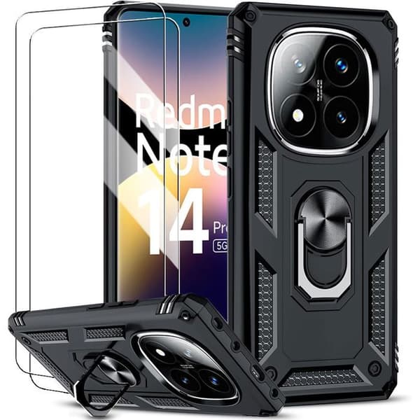 Fodral - E.F.CONNECTION - För Xiaomi Redmi Note 14 Pro 5G - Med ring - 2 härdade glas Svart