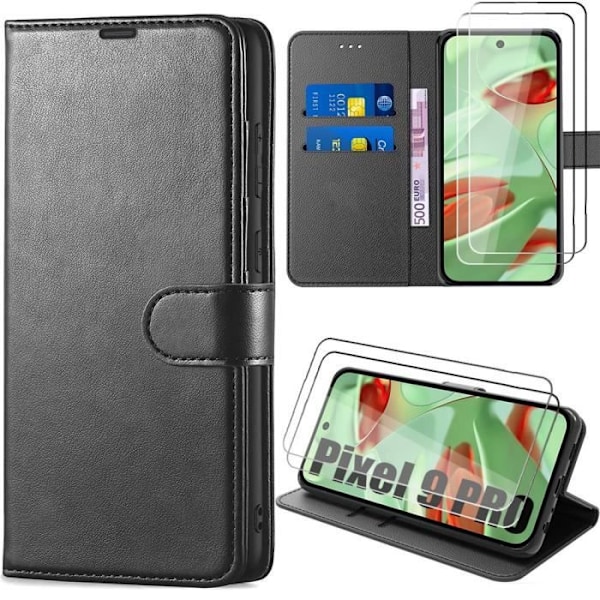Fodral och 2 härdade glasögon för Google Pixel 9 Pro, Anti-Scratch Card-hållare Mjukt syntetiskt läder - Svart
