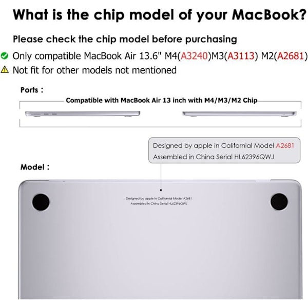Cover kompatibel med MacBook Air 13 Tommer M4 A3240 M3 A3113 M2 A2681, Udgivelse i 2025 2024 2022, Beskyttelseshylster Färg: Transparent svart