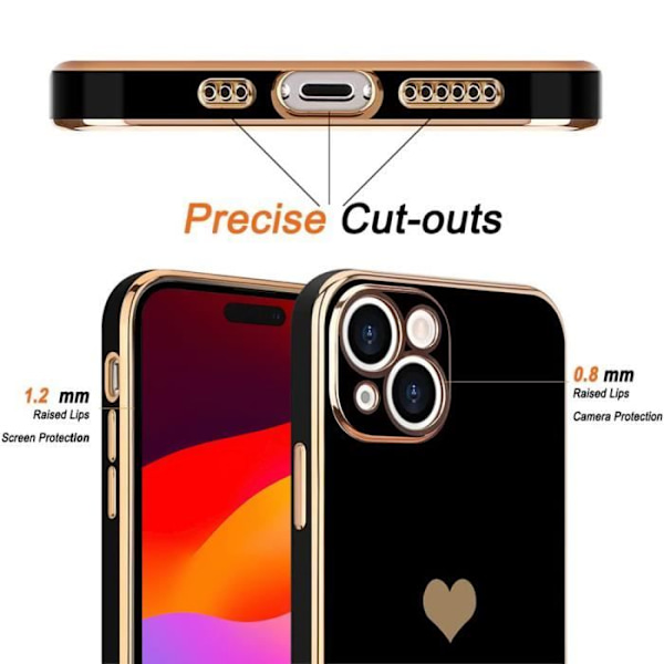 Svart TPU-fodral för iPhone 15 Anti-Scratch Hjärtmönster + 2 skyddande härdade glasögon