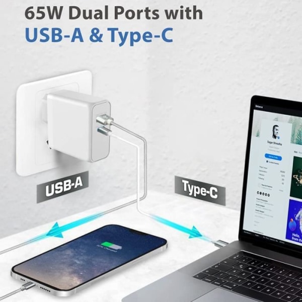 65W 2 Port PD 33W Snabbladdare + QC 3.0 med 1M USB-C till USB-C-kabel Vit för Samsung S10 S10e S10+ S9 S9+