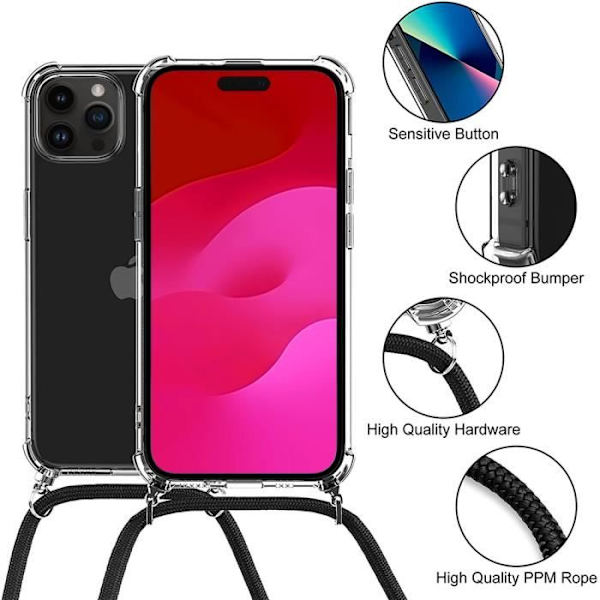 Stötsäkert fodral för iPhone 15 Pro Förstärkt skydd med sladd midnattsgrön