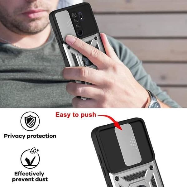 Skyddsskal - E.F.CONNECTION - För Redmi 9 - Härdat glas - Ringstöd - Silverfärgad Silver