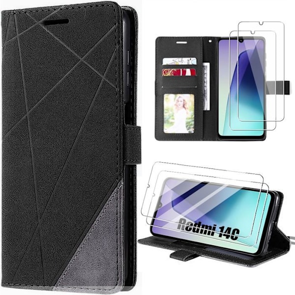 Coque og 2 Tåget Glas til Xiaomi Redmi 14C - Anti-Ridse Stødabsorberende 360° Beskyttelse - Sort Svart