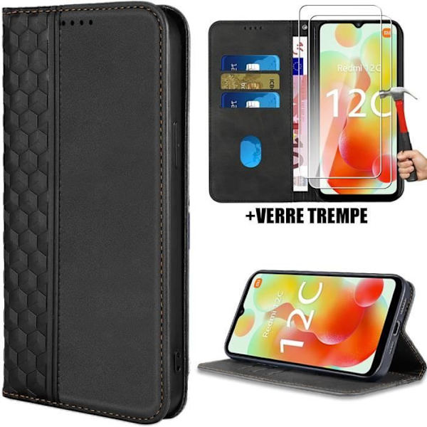 Cover og 2 Dyppeglas - Xiaomi - Redmi 12C, 11A - Ridsebeskyttelse - Mosaikmønster - Sort Lædereffekt Svart