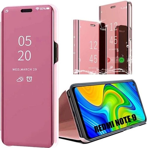 Pink hårdt beskyttende etui til Redmi Note 9 med gennemsigtigt vindue og spejleffekt rosa