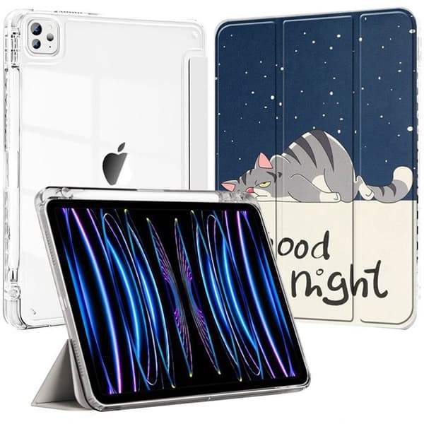 Skyddsskal - E.F.Connection - för iPad Pro 11" - Kattmotiv - Fällbart Stöd - Hård Skydd. Blå, Beige, Svart