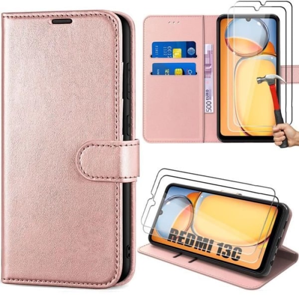 Fodral till Xiaomi Redmi 13C, rosa, stötsäkert PU-läder med kortficka och justerbart stöd + 2 härdade glasögon Lyserød