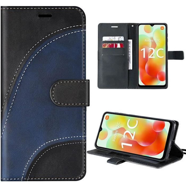 Etui til Xiaomi Redmi 12C-11A, sort, stødsikkert PU-læder og TPU-etui med kortholder og stativ, stiliseret bølgemønster