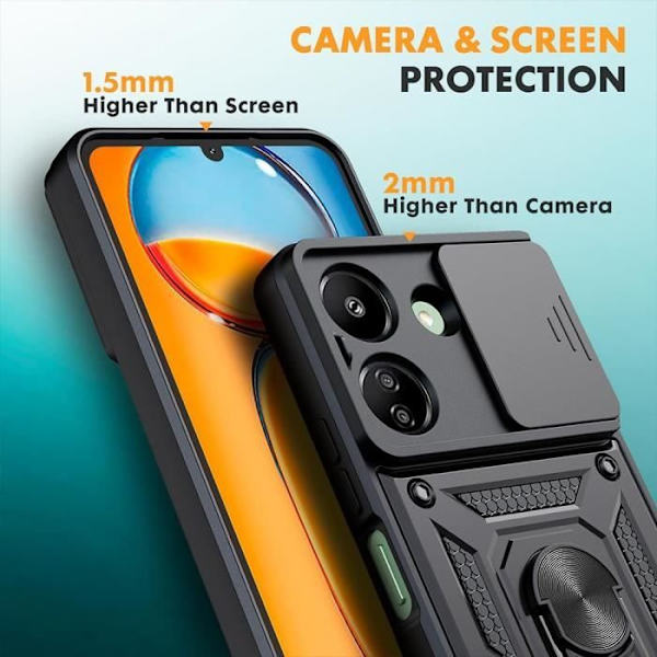 Skal för Xiaomi Redmi 13C - Xiaomi - Hård Stötsäker - Ringstöd - Glidande Objektivskydd - Svart Svart