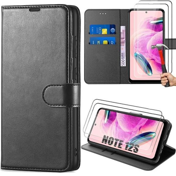 Coque - Xiaomi - Redmi Note 12S - Stødabsorberende - PU Læder - Kortholder - 2 Hærdede Glas Svart