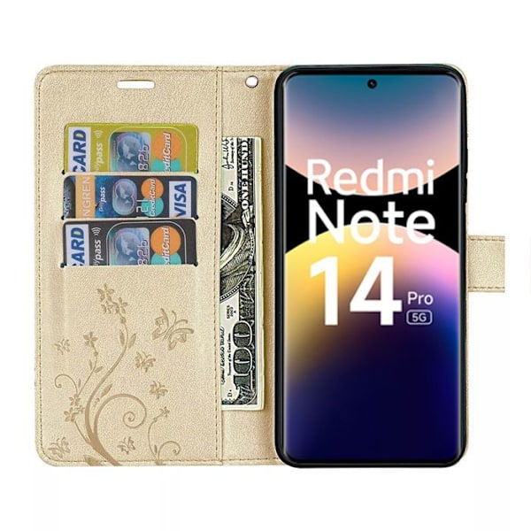 Coque för Xiaomi Redmi Note 14 Pro 5G (inte för 4G) Skydd i syntetiskt läder Stötsäker Guld Motiv med fjärilar och blommor gyllene