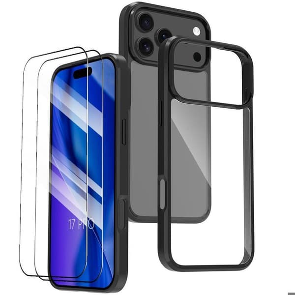 Skyddshölje - E.F.Connection - för iPhone 17 Pro - Stötabsorberande - 2 Härdat Glas - Svart Silikon Transparent