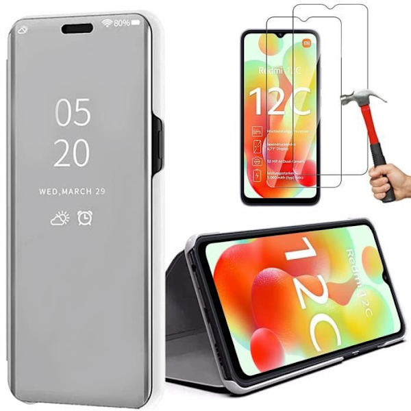 Skydd för Xiaomi Redmi 12C och 11A - Silver - 2 Härdat Glas - Spegeleffekt - Transparent Fönster Argenté, Transparent