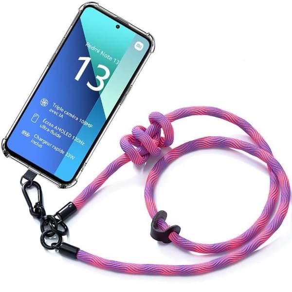 Coque med snöre - E.F.CONNECTION - för Xiaomi Redmi Note 13 4G - Transparent - Stötsäker - Rosa Rosa
