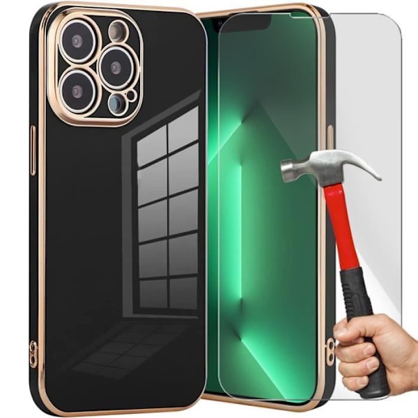 Cover til iPhone 13 Pro Max (6,7") sort pakke med 2 hærdet glas stødsikkert elegant anti-ridse luksus mode guldkant Svart