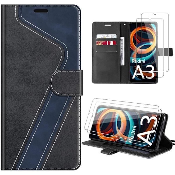 Fodral för Xiaomi Redmi A3, svart-marinblått syntetiskt läder Stötsäkert skyddsfodral + 2 härdade glasögon