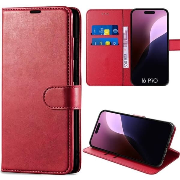 Coque - E.F.CONNECTION - för iPhone 16 Pro - PU-läder - Stötabsorberande - Plånbok Röd