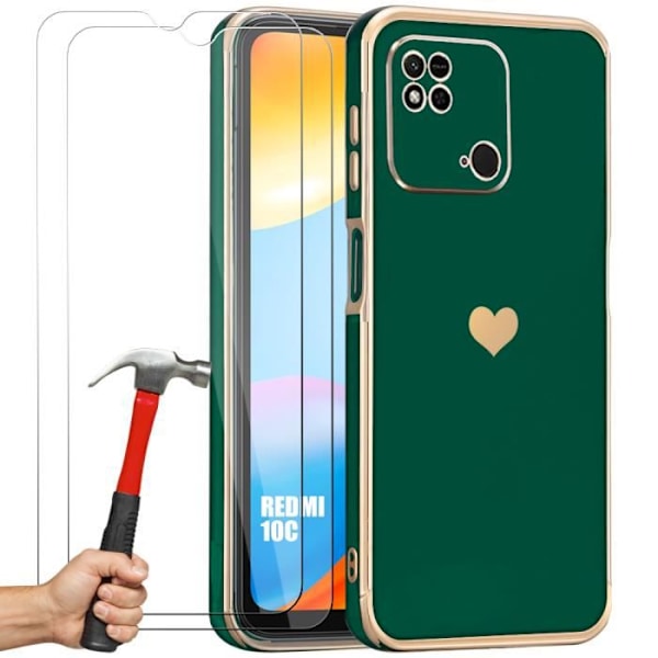 TPU-fodral för Xiaomi Redmi 10C Midnight Green Heart Pattern Anti-Scratch + 2 härdade glasögonskydd