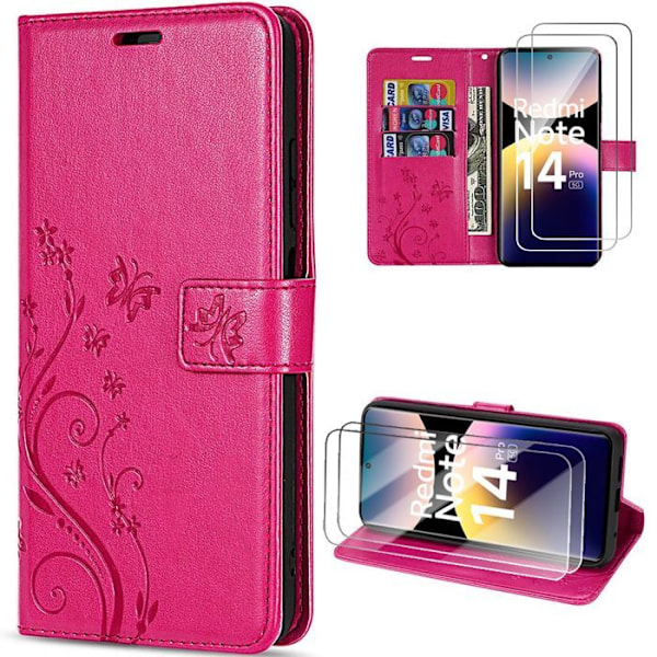 Coque + 2 Tålika Glas för Xiaomi Redmi Note 14 Pro 5G (inte för 4G) Syntetläder Mönster Relief Blomma Fjäril Fuchsia Fuchsia