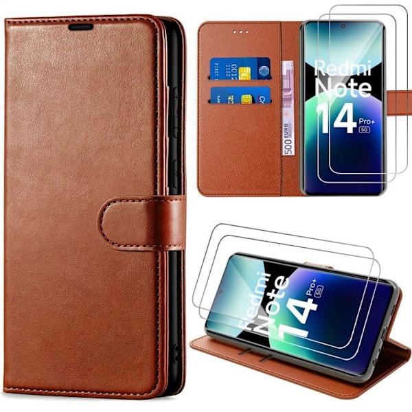 Coque + 2 Härdat Glas för Xiaomi Redmi Note 14 Pro Plus 5G, Flip Fodral i PU Läder Brun Stöttålig kastanj