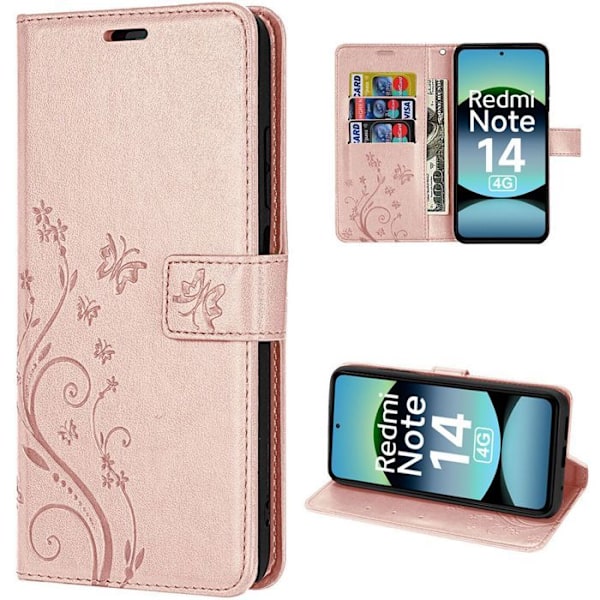 Coque til Xiaomi Redmi Note 14 4G (ikke til 5G) Beskyttelse i Syntetisk Læder Stødabsorberende Rosa Butterfly Blomster Mønster Rosa