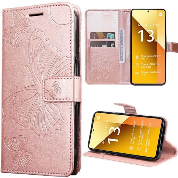 Coque för Xiaomi Redmi Note 13 5G (inte för 4G) Skydd Läder PU Mönster Fjäril Stötabsorberande - Rosa Rosa