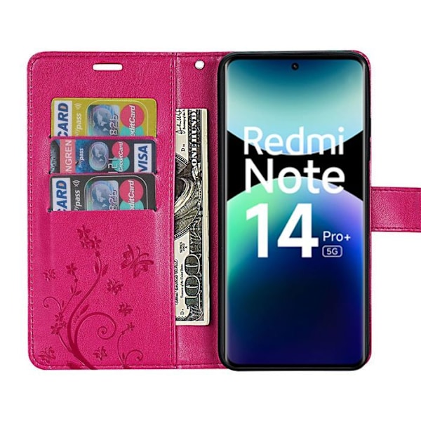 Coque för Xiaomi Redmi Note 14 Pro Plus 5G/Note 14 Pro+ 5G, Skydd med Fodral i Fuchsia Läderlook med Fjärilsmönster Fuchsia