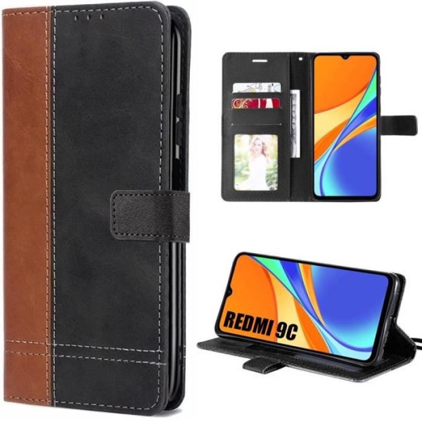 Etui til Xiaomi Redmi 9C - 10A beskyttelse anti-ridse PU læder - brun-sort