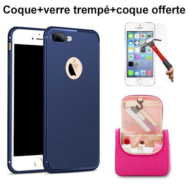Pakke til iPhone 7 Plus - Marineblå silikoneetui + hærdet glas + gratis taske marinblå