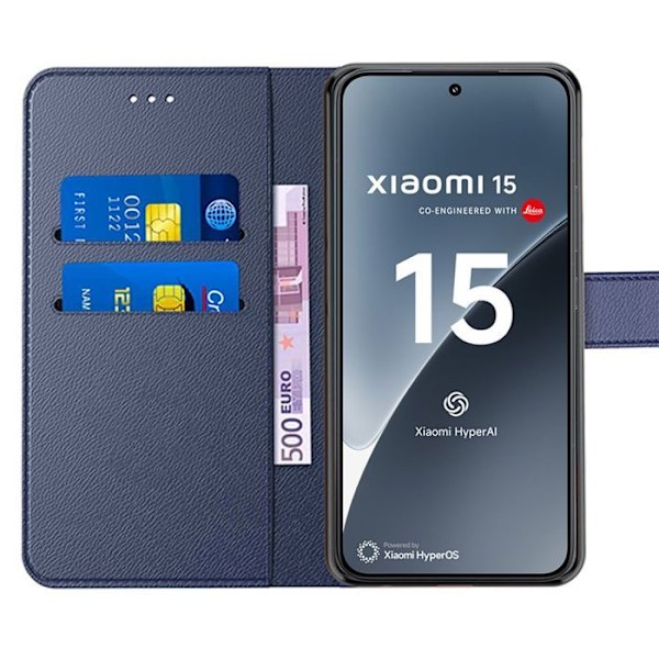 Coque til Xiaomi 15, Anti-Ridser Kortholder 360 Graders Beskyttelse Effekt Læder Marineblå marinblå