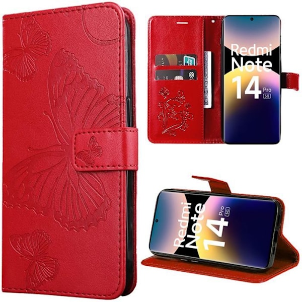 Skyddsfodral för Xiaomi Redmi Note 14 Pro 5G (ej för 4G) Skyddseffekt i läder, stöttålig, röd fjärilsdesign Röd