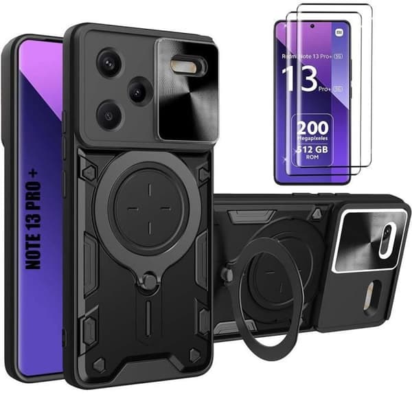 Coque - E.F.Connection - för Xiaomi Redmi Note 13 Pro+ 5G - Svart - Rotbart Stöd - 2 Härdade Glas Svart