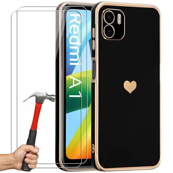 Etui til Xiaomi Redmi A1 sort stødsikkert luksus kærlighedshjertemønster og 2 hærdede briller
