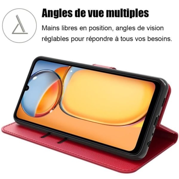 Fodral + 2 härdade glasögon till Xiaomi Redmi 13C, rött lädereffekt Stötsäkert skal med korthållare och stöd