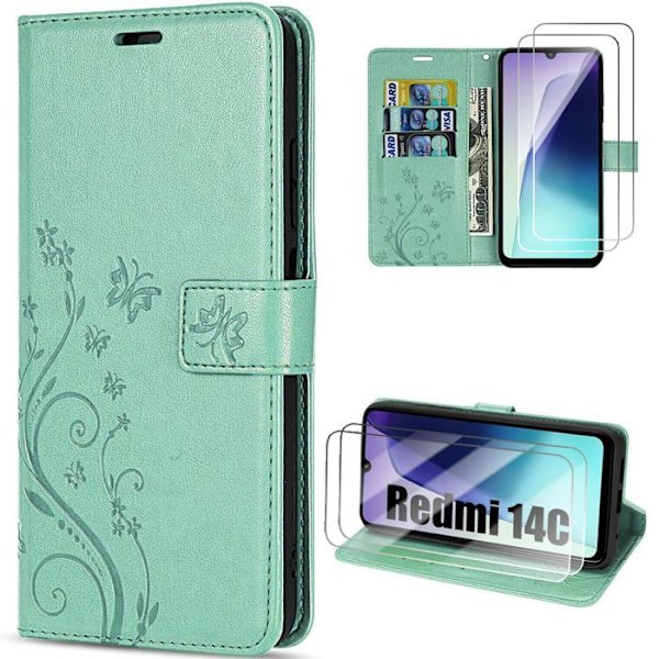 Coque + 2 Tåliga Glas för Xiaomi Redmi 14C, Stötdämpande Skydd i Syntetläder med Fjäril och Blommönster Grön Grön
