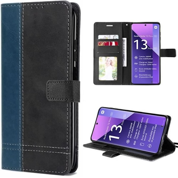 Coque - Xiaomi - Redmi Note 13 Pro+ 5G - Tvåfärgad PU-läder - Justerbart stativ - Mörkblå marinblå