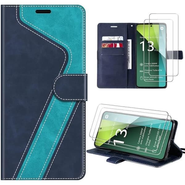 Coque och Härdade Glas - E.F.CONNECTION - För Xiaomi Redmi Note 13 Pro 5G - Repfria - PU-Läder - Blå Blå