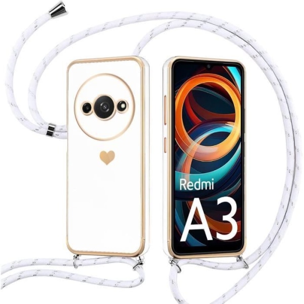 Etui til Xiaomi Redmi A3, stødsikker TPU-beskyttelse med belagt hjertemønster og snøre, hvid