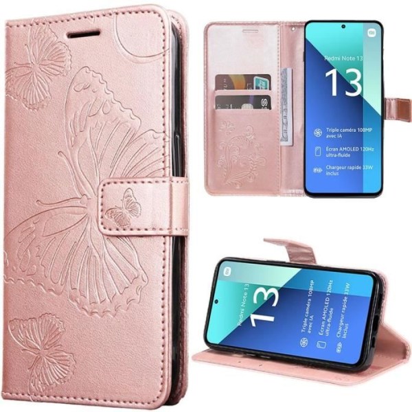 Mobilskal för Xiaomi Redmi Note 13 4G - E.F.Connection - Fjärilmönster - Syntetläder - Stödfunktion - Korthållare Rosa