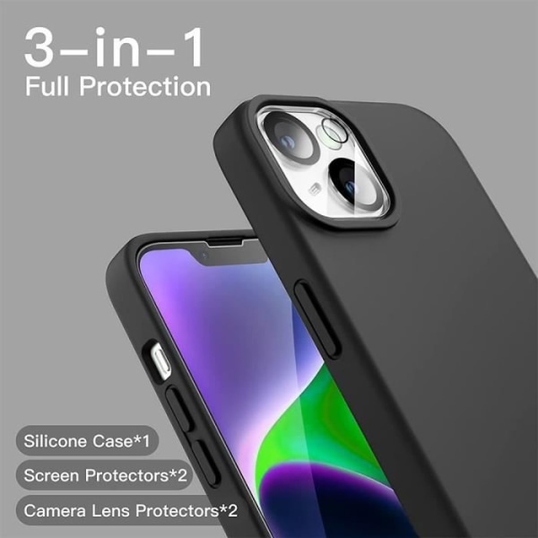 Cover til iPhone 14 (6,1") sort silikone + 3 hærdede briller og 2 bagglasbriller