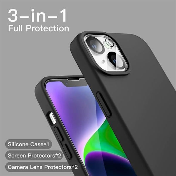 Fodral för iPhone 14 (6,1") svart silikon + 3 härdade glasögon och 2 glasögon på baksidan