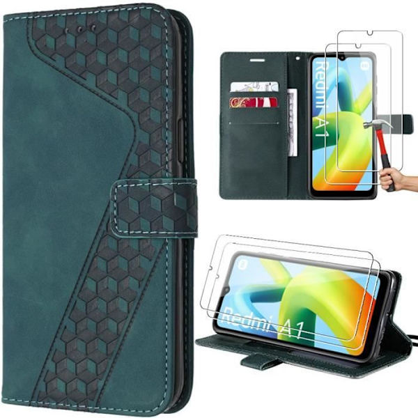 Coque - Xiaomi - Redmi A1-A2 - Grön - Prägläderffekt - 2 Härdat glas Grön