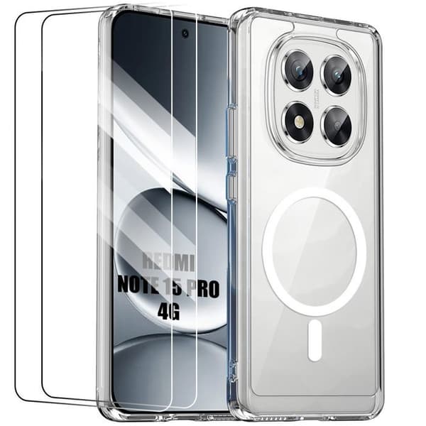 Fodral + 2 Härdat Glas för Xiaomi Redmi Note 15 Pro 4G - Stötsäker med Magnetring Transparent